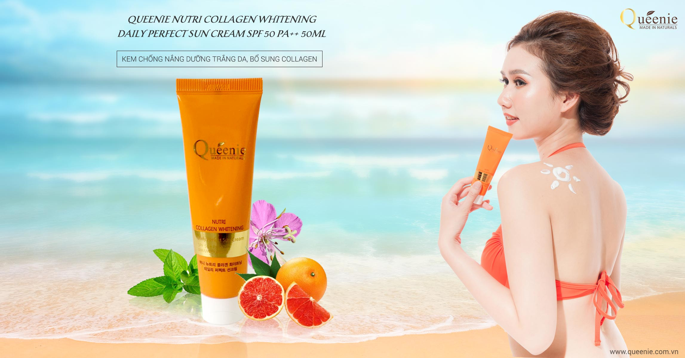 Người phụ nữ thoa kem chống nắng dưỡng trắng da bổ sung collagen Queenie lên mặt để bảo vệ da khỏi nắng